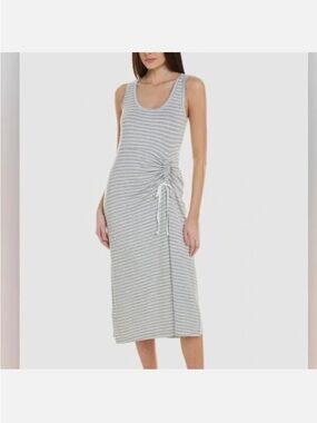 CAbi Gray and White Striped Sleeveless Maxi Dress with Side Drawstring